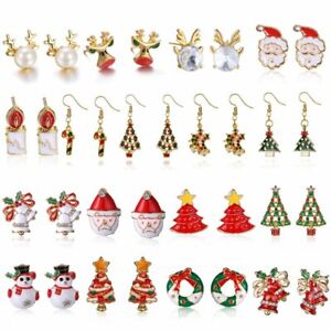 Christmas Tree Snowman Deer Bell Ear Stud Hook Earrings Xmas Party Jewelry Gift