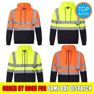 Hi Viz Hoodie High Visibility 2 Tone Pull Over Zip Hooded Work Wear Sweatshirt - Image 1 of 4