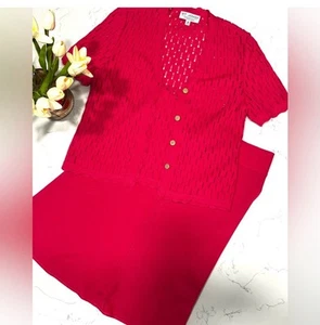 St John Collection Marie Gray 2Pc Mixed Skirt Suit Set Pink Santana Wool Crochet - Picture 1 of 8