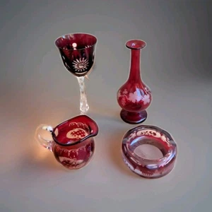 Vintage Egermann Czech Bohemian Ruby Red Crystal Floral Hunt Cut Design 4Items - Picture 1 of 15