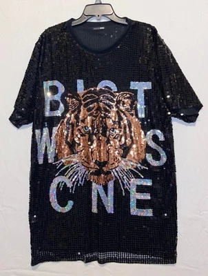 Fashion Nova Black Tiger Sequin T-shirt Dress Womens Size LARGE - Image 1 of 4