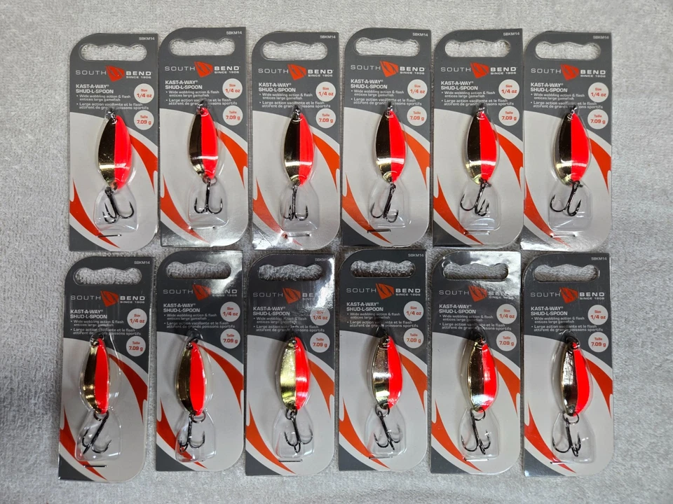 Paquete de 12 cucharas South Bend Kast A Way Shud-L 1/4 oz oro/naranja SBKM14-GOR, ¡NUEVAS! Foto 1 de 3