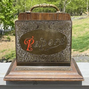 Antique 19th C. Victorian Desk Paper Organizer Brass Wood Enamel Art Nouveau - Picture 1 of 8