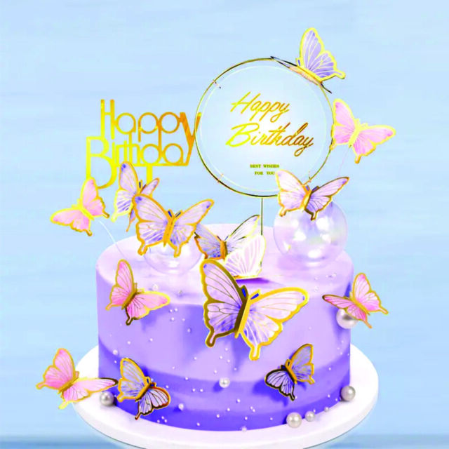 Hesroicy 10Pcs Butterflies Cake Decoration Golden Pink Insert Card Creative  Birthday Wedding Party Dessert Table Decor 3D Cake Topper Party Supplies 