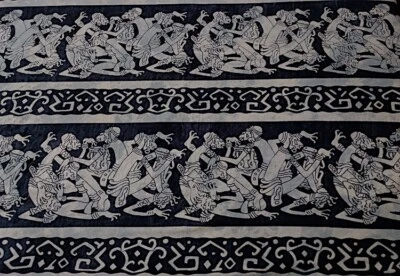 Batik Sarong, Rayon - Tribal Drums, Fringed, 44 by 66 Inches, Slate & Black - Image 1 of 2