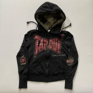 Vintage Tapout Hoodie Women Large Black Camo Inside Fur Hood Full Zip Jacket Y2K - Picture 1 of 12