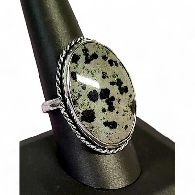 手工制作达尔马提亚碧玉宝石 925 纯银戒指 尺寸 9 — 第 1/4 张图片