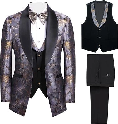 3 Pieces Men's Tuxedo Paisley Groom Wedding Jacket Vest Pants Sets Floral Suits - Image 1 of 4