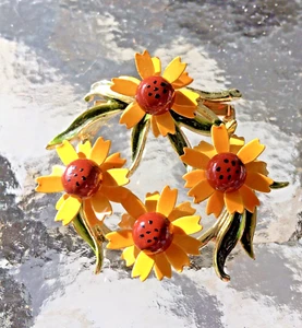 Vintage emaillierte schwarze Augen Susan Kreis Blume Anstecknadel Brosche - goldfarben - Bild 1 von 5