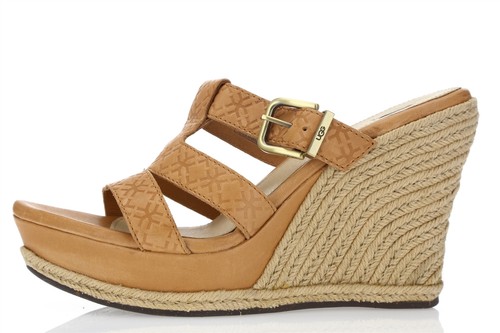 Sandali donna UGG pelle marrone slip on fibbia zeppa tacco slide taglia 11 M