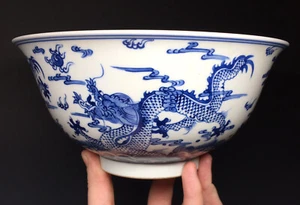 Chinese Qing Dynasty Marked IMPERIAL Kangxi 1662-1722 Blue & White Dragon Bowl - Picture 1 of 12