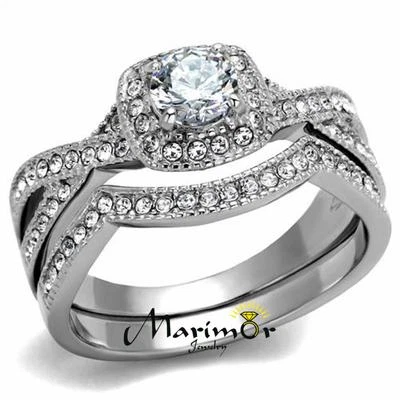Round Cut .81 Ct Zirconia Stainless Steel Halo Wedding Ring Set Womens Size 5-10 - Image 1 of 4