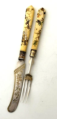 Cuchillo y tenedor japonés Shibayama y Sterling de Frederick Elkington c1881 Foto 1 de 4