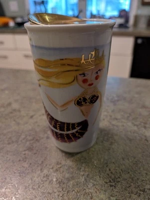 Taza de viaje de café de cerámica Starbuck Mermaid Siren 2015 12 oz edición limitada tapa dorada Foto 1 de 4