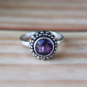 Amethyst Ring, 925 Silver Ring, Round Cut Ring, Purple Ring, Boho Ring, Promise - Picture 1 of 10