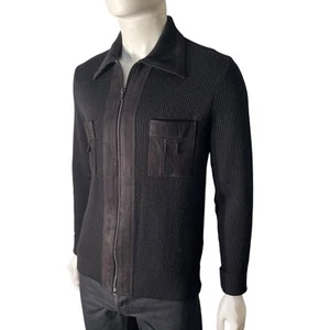 60s PIERRE SANGAN Mod Style Black Wool & Suede Trim Zip Front Cardigan Size M - Picture 1 of 12