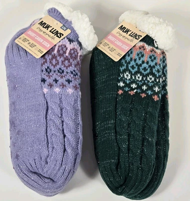 Muk Luks Short Cabin Socks 2 Pairs Women L/XL 8-10 Green, Lavender Purple - Image 1 of 4
