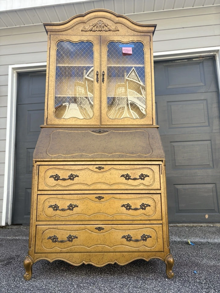 Escritorio de secretaria estilo provincial francés con 3 cajones en dorado y negro Foto 1 de 4