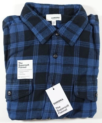 Camisa de franela Sonoma grande y alta para hombre LT con botones calce regular azul negro nueva con etiquetas Foto 1 de 4