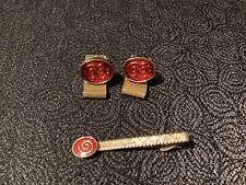 VINTAGE LORD NEWPORT GOLD TONE Red Swirl CUFF LINKS TIE TACK SET