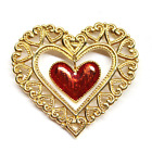 Big Red Heart Pin Gold Tone Dangling Red Heart Lapel Enamel Brooch Collectible