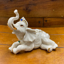 Vintage YH Porcelain Jeweled Elephant Trunk Up 1998 Figure White With Gold Trim