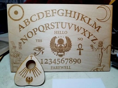 DC MAKER LABS Wooden Ouija Board & Planchette w/ Ancient Egyptian Symbols Engraved On Wood