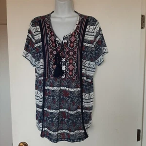 Style & Co Floral Boho Tassel Top 2X Henley Buttons - Picture 1 of 6
