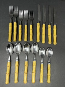 Cambridge Bamboo Look Stainless Steel Flatware Set of 15 Plastic Handles Mixed - Picture 1 of 8