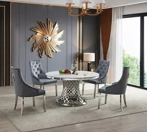5pc Glam Dining Set White Faux Marble Round Table and 4 Armchairs Set Gray - Picture 1 of 6