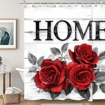 Cortina de ducha con flores retro de rosas rojas, Flores retro rosa roja Foto 1 de 4