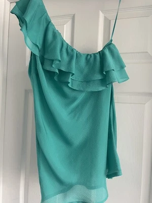 OASIS Womens One Shoulder Top UK 10 deep aqua turquoise ruffle  silk  - Image 1 of 4