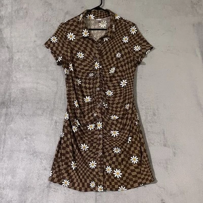 No Boundaries Retro Daisy Dress Junior XXL (19) Ruched Bodycon Button Front Mini - Image 1 of 4