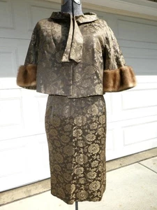 VINTAGE GOLD/SILVER BROCADE TAUPE COCKTAIL DRESS & JACKET GENUINE MINK FUR TRIM - Picture 1 of 13