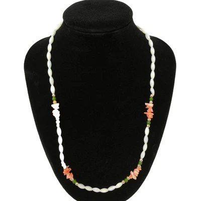 Vintage Beaded Necklace Shell Faux Pearl Orange Stone Chip Twist Clasp 18 Inch - Image 1 of 4