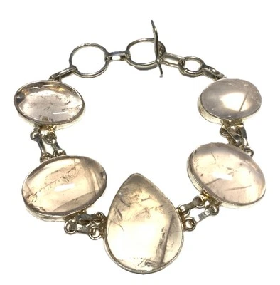 Brazalete de cadena de palanca de cuarzo rosa 925 de plata esterlina con peón antiguo 8,25 pulgadas KG38 Foto 1 de 4