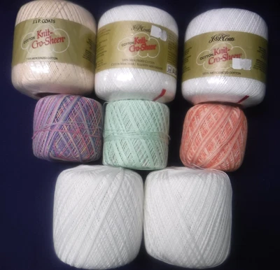 8 Spools Knit-Cro-Sheen CROCHET THREAD - J&P Coats & Unbranded 3 NIP White A-65+ - Image 1 of 4