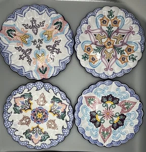Vintage Mexican Clay Pottery Hand Painted Floral 9.25" Dinner Plates Set of 4 - Picture 1 of 9