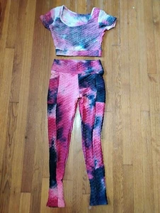 Women's Pink & Black Tye Dye Scrunch Butt Lift Yoga Leggings & Crop Top Size S/M - Picture 1 of 6