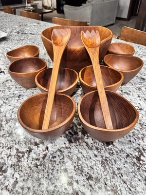 Juego de servir ensaladera vintage de madera de teca de buena madera 11 piezas hecho en Tailandia Foto 1 de 4