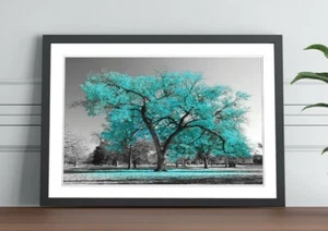 Large Tree Turquoise teal Leaves  FRAMED WALL ART POSTER PICTURE PRINT 4 SIZES - Picture 1 of 14