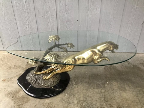 MAISON JANSEN Gilded Cast Bronze Jaguar Marble Coffee Table Mid Century Cover