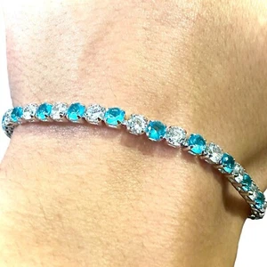 Blue Topaz 18k White Gold Plated Tennis Bracelet lab-created 7.5 inch 3MM Women - Picture 1 of 6