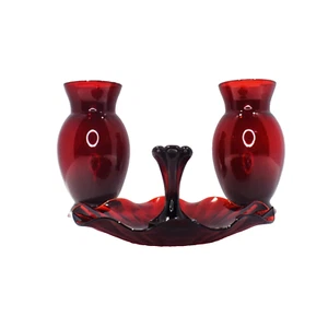 VTG MCM Anchor Hocking Royal Ruby Red Glass Flower Bud Vases & Handle Candy Dish - Picture 1 of 15