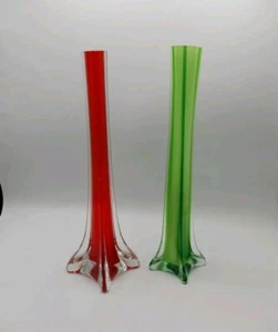 2 Vtg Art Glass MCM vase Green / Cased White 12" & Clear / Red 11.75" Christmas - Picture 1 of 23