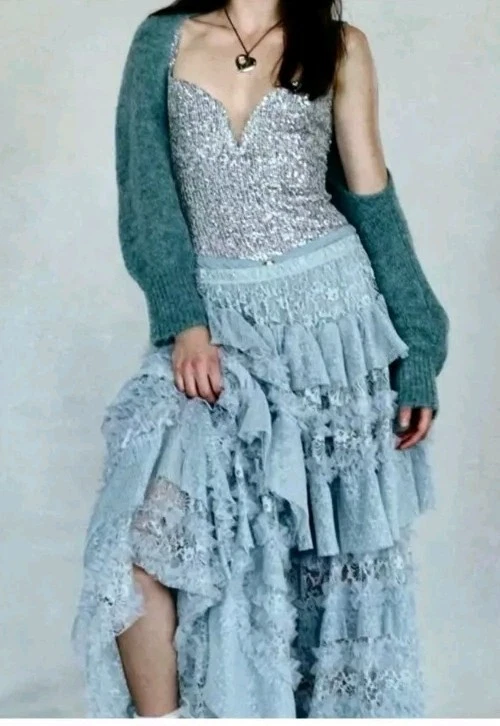 Free People тюль много половина макси юбка ярусный размер S оборки серый комбо новый #1 - Изображение 1 из 4