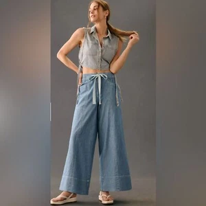 Anthropologie Maeve pantaloni jeans con coulisse denim gamba larga Medium Petite - Foto 1 di 13