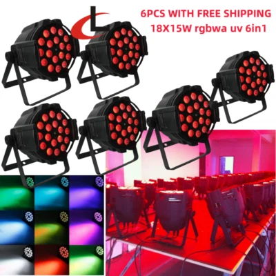 6PC/18 Led RGBWA UV light 6in1 Stage Par Light DMX512 DJ Disco Party Wash Light - Image 1 of 4