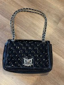 Love Moschino Women's Fold Bag Black Patent  Silver Chain Crossbody - Picture 1 of 5
