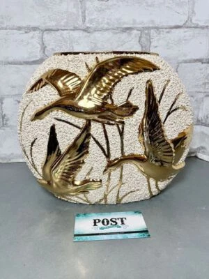Vintage Mid Century Modern MCM Gold Birds Cranes Vase Textured - Image 1 of 4